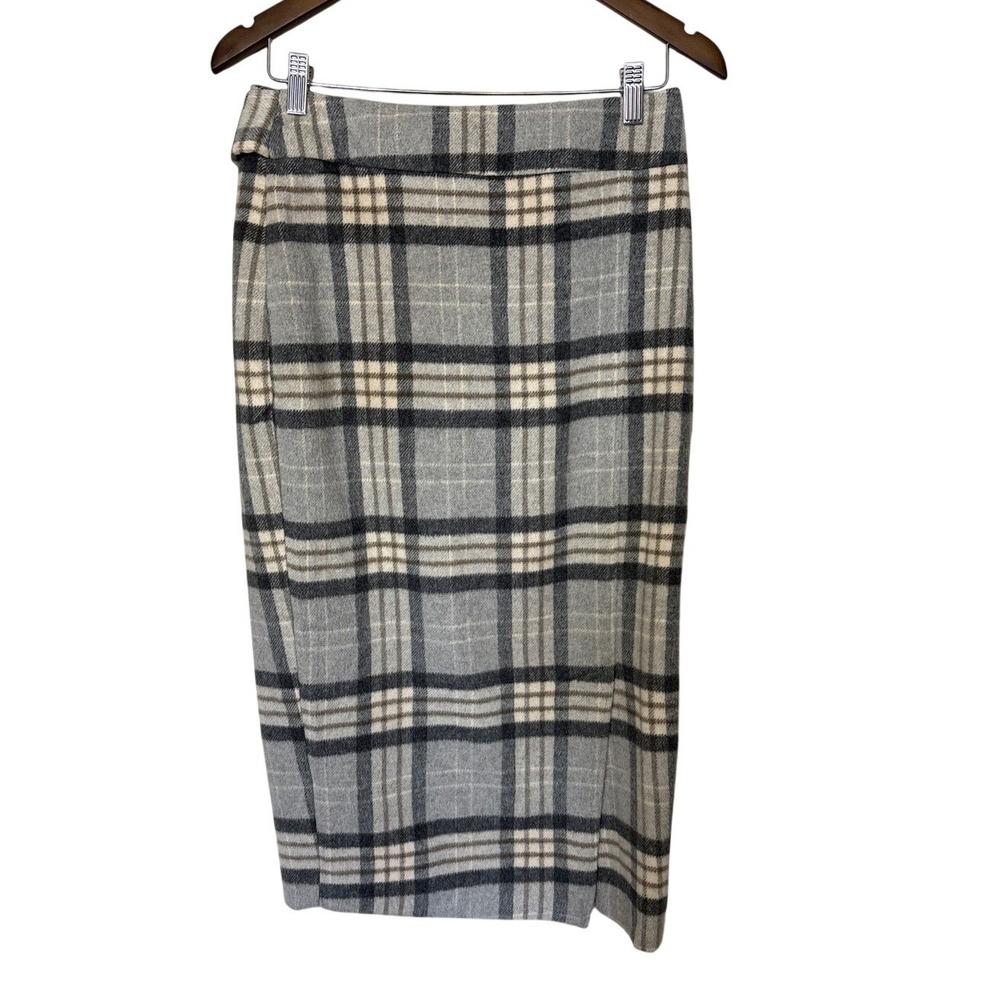 Primark Grey Plaid Wool Blend Midi Pencil Skirt with Back Tie Belt Size 8
